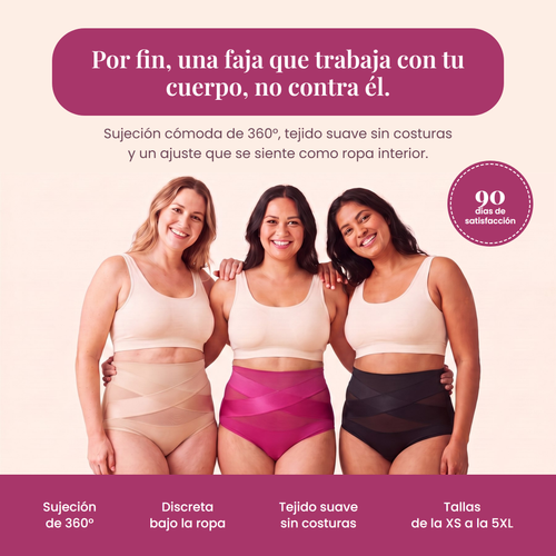 Tres mujeres con la faja FuerzaMía: sujeción cómoda de 360°, discreta bajo la ropa