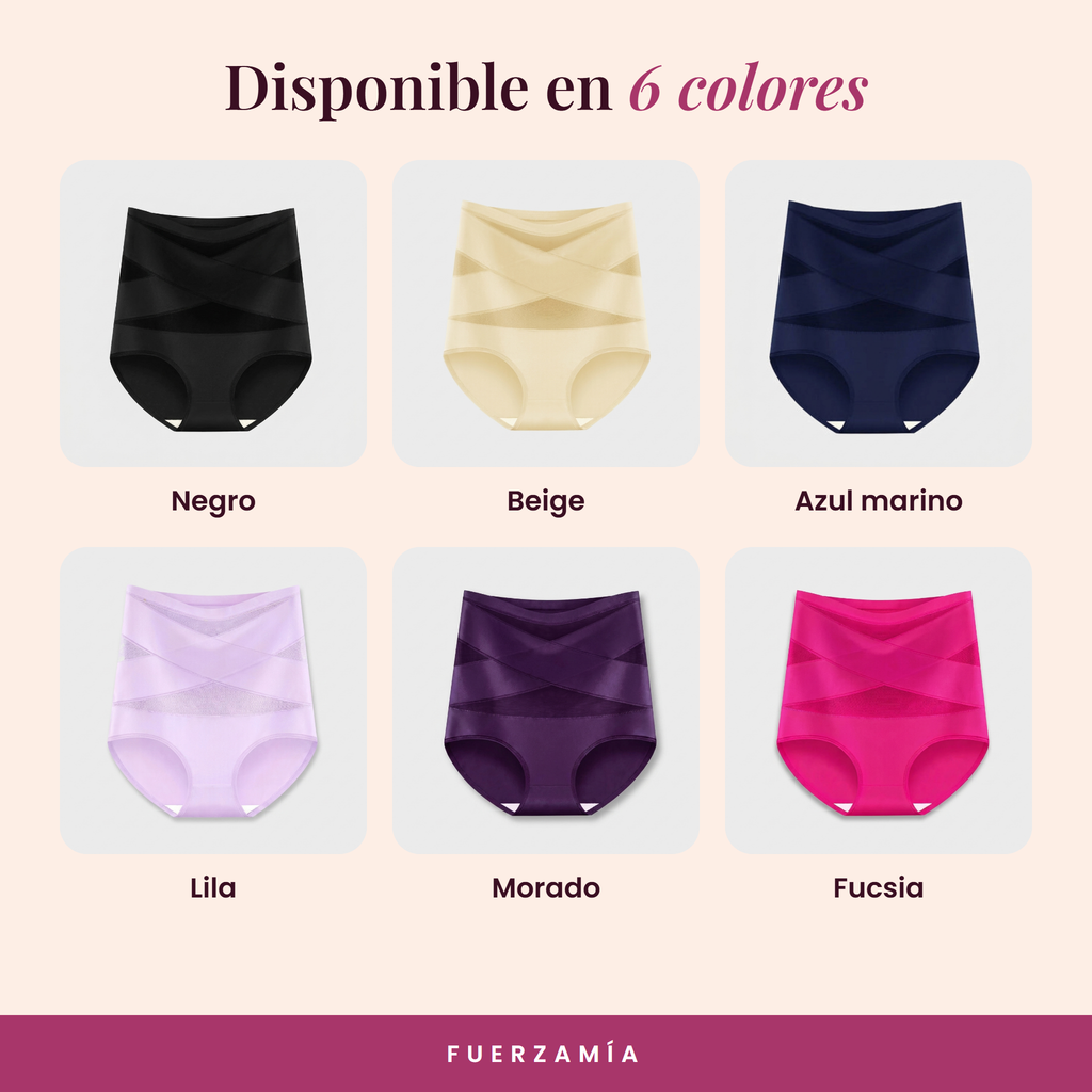 La faja FuerzaMía disponible en 6 colores: negro, beige, azul marino, lila, morado y fucsia