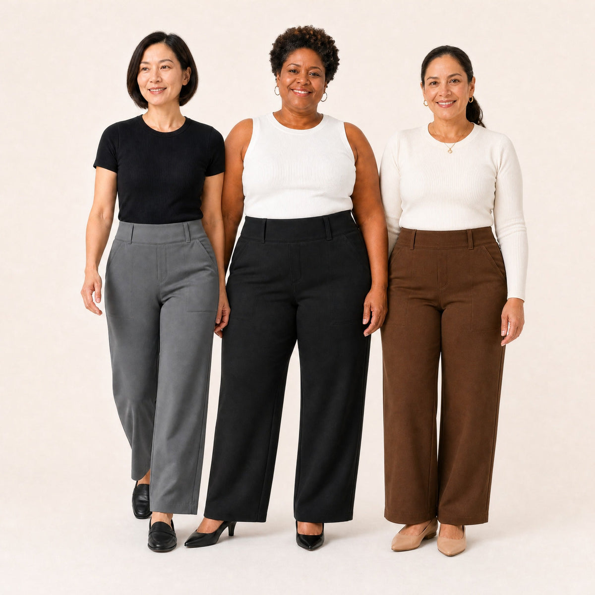 Tres mujeres con pantalones de pierna recta