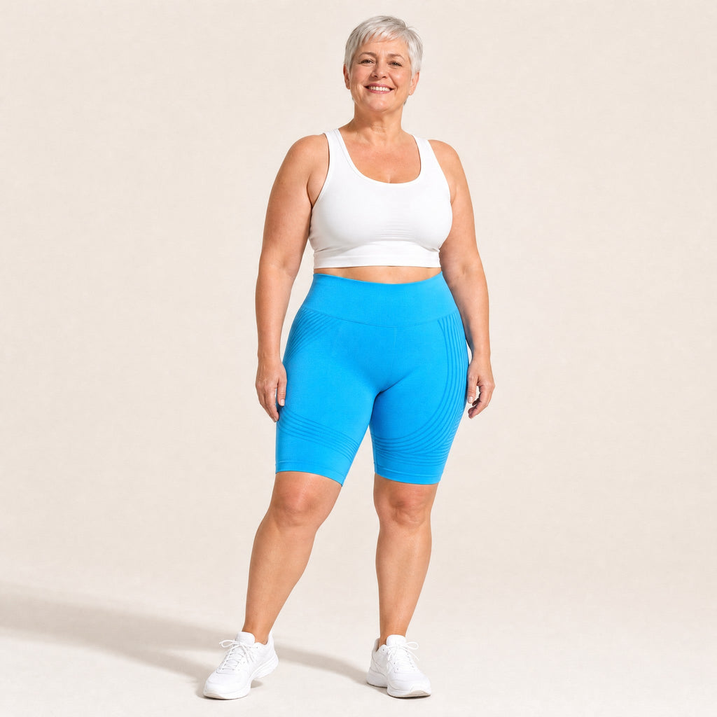 Mujer con shorts azules